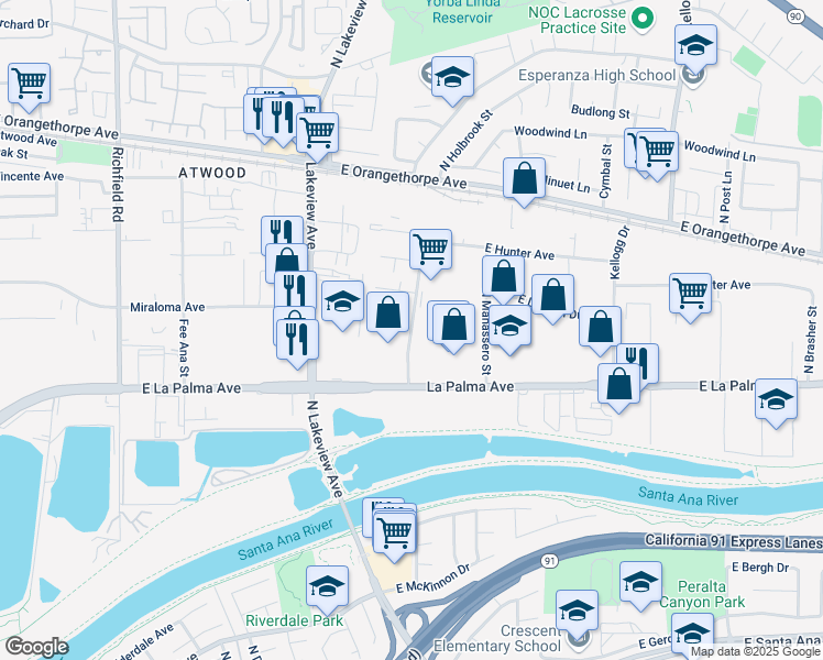 map of restaurants, bars, coffee shops, grocery stores, and more near in Anaheim