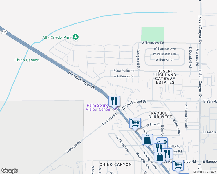 map of restaurants, bars, coffee shops, grocery stores, and more near North Los Felices Road in Palm Springs
