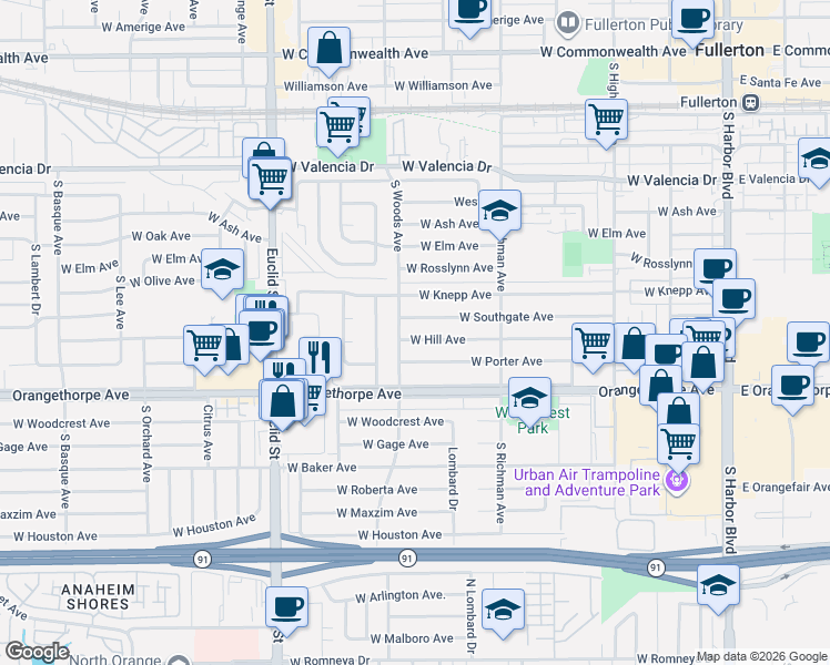 map of restaurants, bars, coffee shops, grocery stores, and more near 616 West Hill Avenue in Fullerton