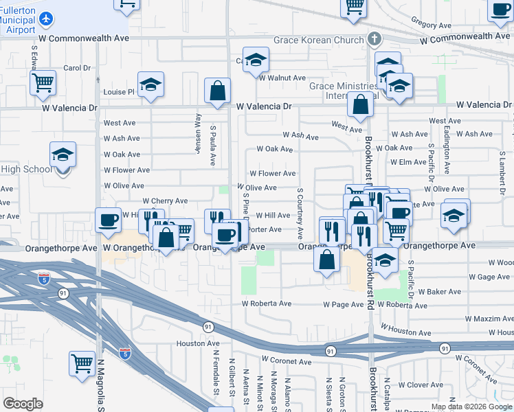 map of restaurants, bars, coffee shops, grocery stores, and more near 2119 West Hill Avenue in Fullerton