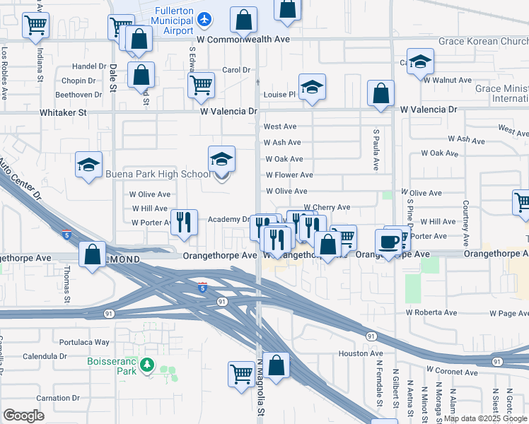 map of restaurants, bars, coffee shops, grocery stores, and more near 1010 South Magnolia Avenue in Fullerton