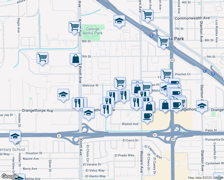 map of restaurants, bars, coffee shops, grocery stores, and more near 6867 Oran Circle in Buena Park