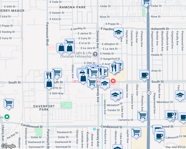 map of restaurants, bars, coffee shops, grocery stores, and more near 3321 South Street in Long Beach