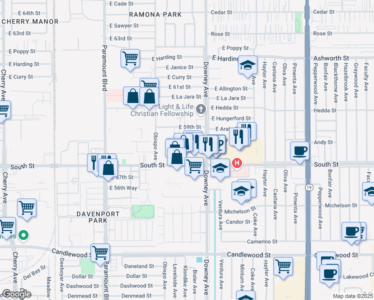 map of restaurants, bars, coffee shops, grocery stores, and more near 3350 East Andy Street in Long Beach