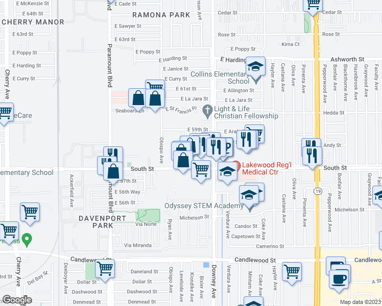 map of restaurants, bars, coffee shops, grocery stores, and more near 3350 East Andy Street in Long Beach