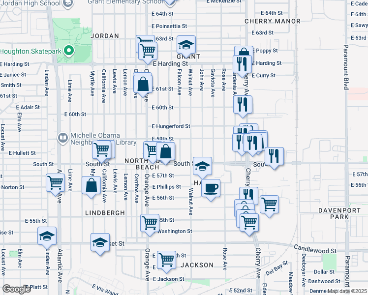 map of restaurants, bars, coffee shops, grocery stores, and more near 5849 Falcon Avenue in Long Beach