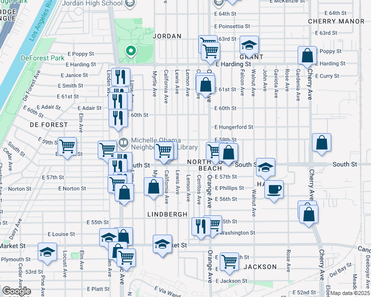 map of restaurants, bars, coffee shops, grocery stores, and more near 5850 Lemon Avenue in Long Beach