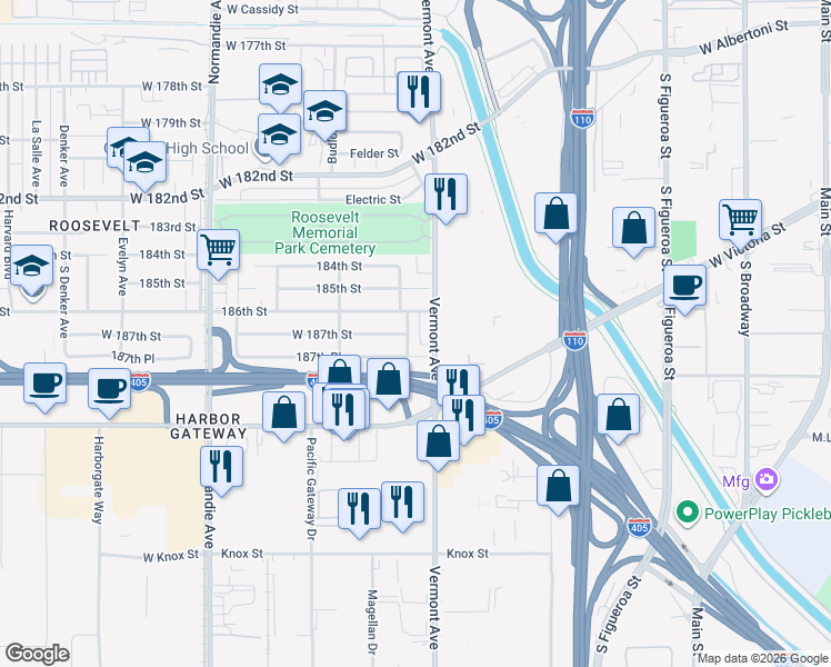 map of restaurants, bars, coffee shops, grocery stores, and more near 18708 New Hampshire Avenue in Gardena