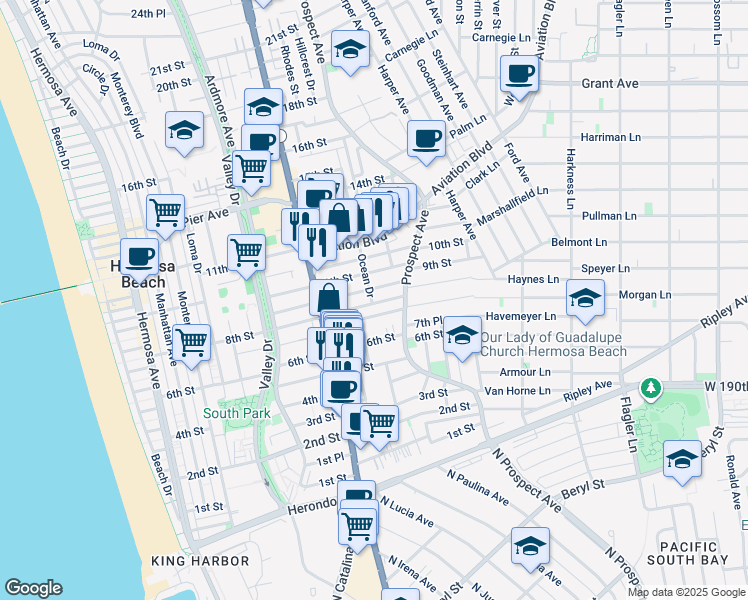 map of restaurants, bars, coffee shops, grocery stores, and more near 1033 7th Street in Hermosa Beach