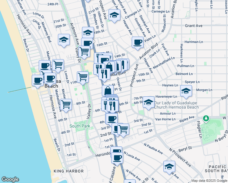 map of restaurants, bars, coffee shops, grocery stores, and more near 912 8th Street in Hermosa Beach