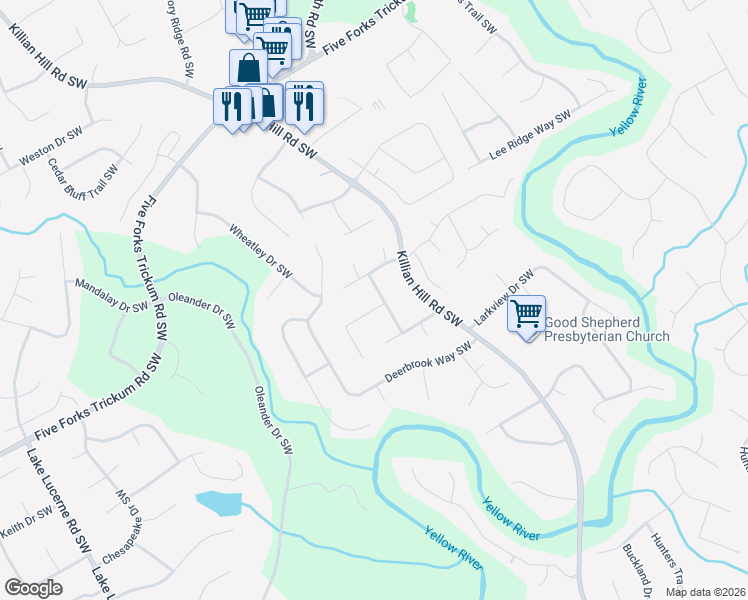 map of restaurants, bars, coffee shops, grocery stores, and more near 4031 Mayflower Court Southwest in Lilburn