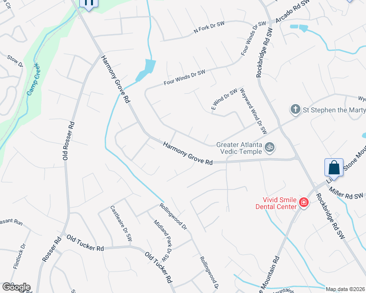 map of restaurants, bars, coffee shops, grocery stores, and more near 366 Harmony Grove Road in Lilburn
