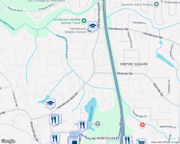 map of restaurants, bars, coffee shops, grocery stores, and more near in DeKalb County