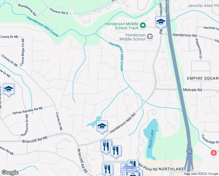 map of restaurants, bars, coffee shops, grocery stores, and more near 2568 Sugarplum Court Northeast in Atlanta