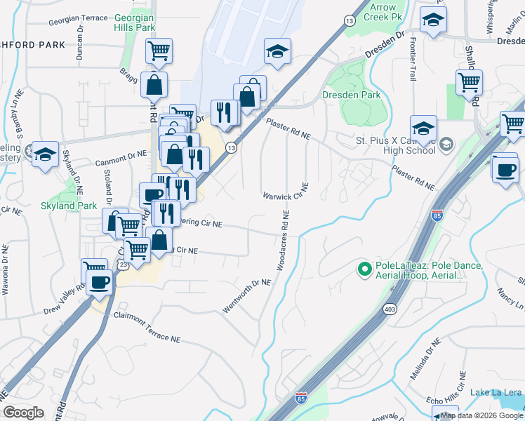 map of restaurants, bars, coffee shops, grocery stores, and more near 2575 Dering Court Northeast in Atlanta