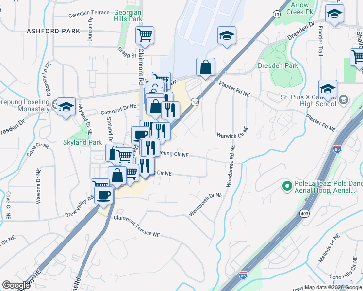 map of restaurants, bars, coffee shops, grocery stores, and more near 2448 Dresden Parc Circle in Atlanta