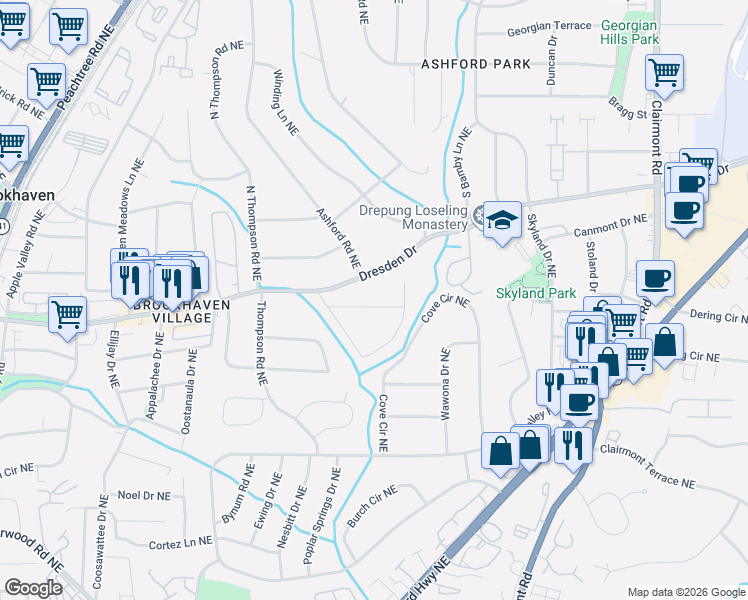 map of restaurants, bars, coffee shops, grocery stores, and more near 1663 Richwood Drive Northeast in Atlanta