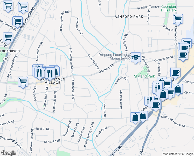 map of restaurants, bars, coffee shops, grocery stores, and more near 1619 Richwood Drive Northeast in Atlanta