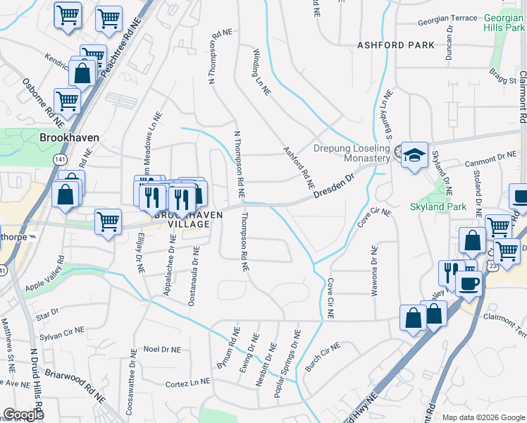 map of restaurants, bars, coffee shops, grocery stores, and more near 1563 Dresden Drive in Atlanta