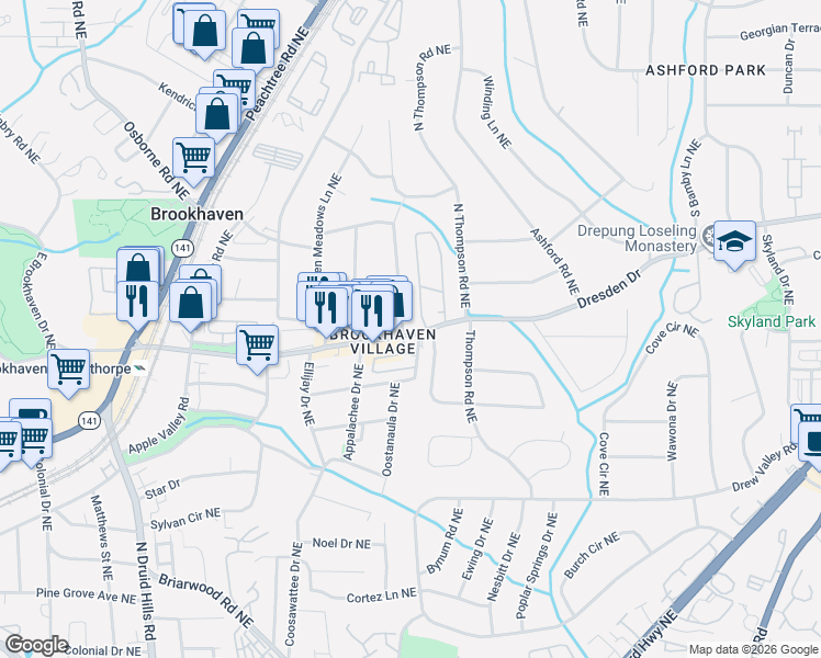 map of restaurants, bars, coffee shops, grocery stores, and more near 1475 Village Park Court Northeast in Atlanta