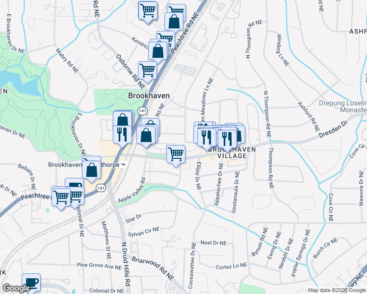 map of restaurants, bars, coffee shops, grocery stores, and more near 2610 Oglethorpe Circle Northeast in Atlanta