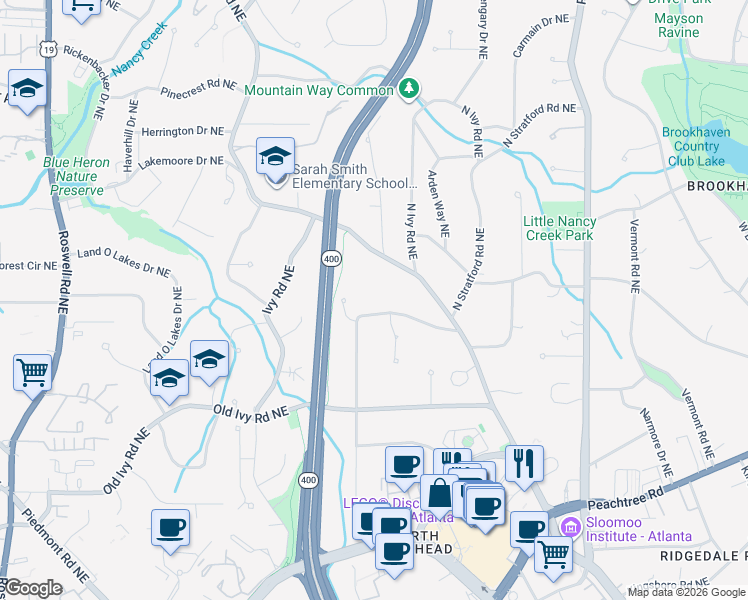 map of restaurants, bars, coffee shops, grocery stores, and more near 3818 North Stratford Road Northeast in Atlanta