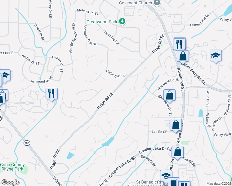 map of restaurants, bars, coffee shops, grocery stores, and more near 2033 Cliff Creek Court Southeast in Smyrna