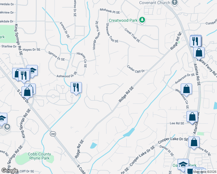 map of restaurants, bars, coffee shops, grocery stores, and more near 3921 Glenhurst Drive in Smyrna