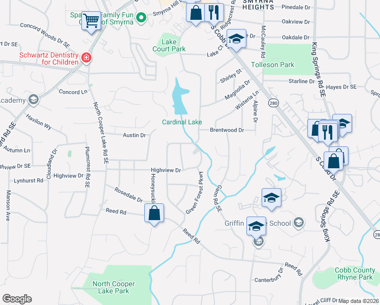 map of restaurants, bars, coffee shops, grocery stores, and more near 3815 Highview Drive in Smyrna