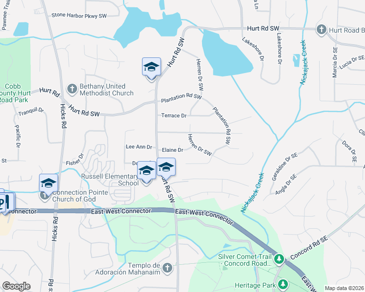 map of restaurants, bars, coffee shops, grocery stores, and more near 432 Elaine Drive in Smyrna