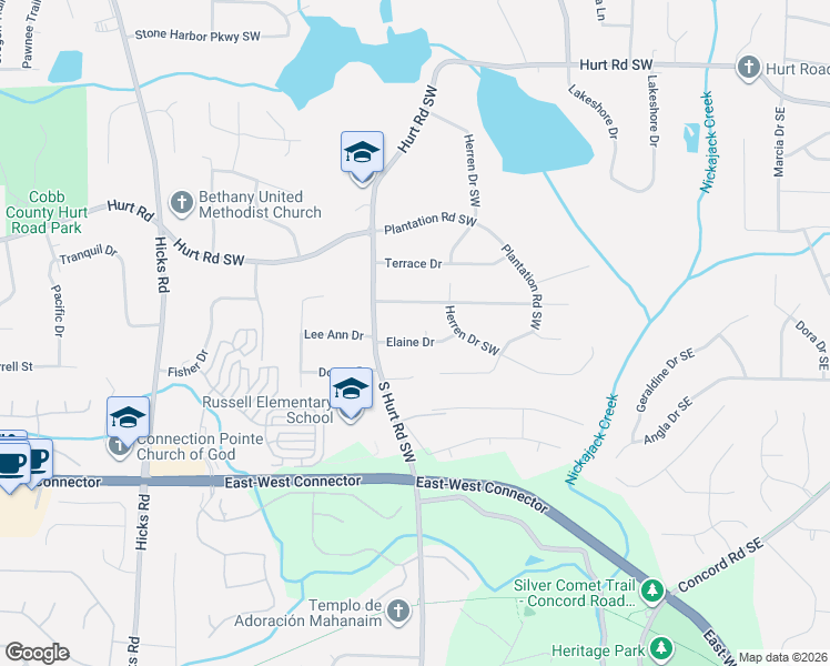 map of restaurants, bars, coffee shops, grocery stores, and more near 432 Elaine Drive in Smyrna