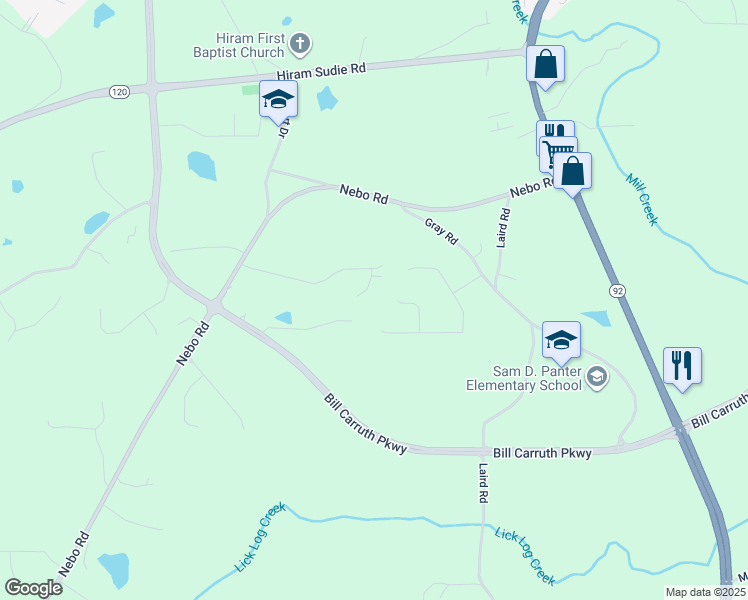 map of restaurants, bars, coffee shops, grocery stores, and more near 55 Bonds Court in Hiram