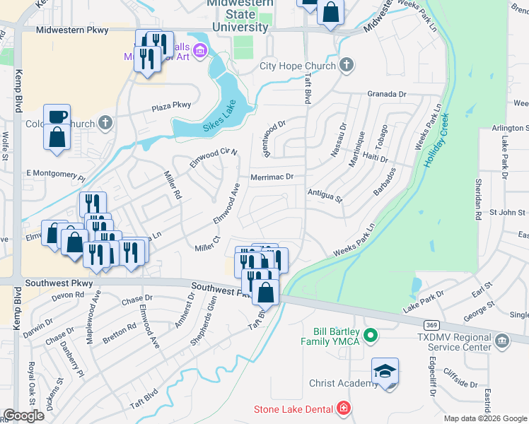 map of restaurants, bars, coffee shops, grocery stores, and more near 2416 Barbados in Wichita Falls