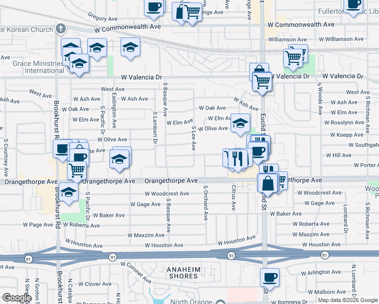 map of restaurants, bars, coffee shops, grocery stores, and more near 1307 West Hill Avenue in Fullerton