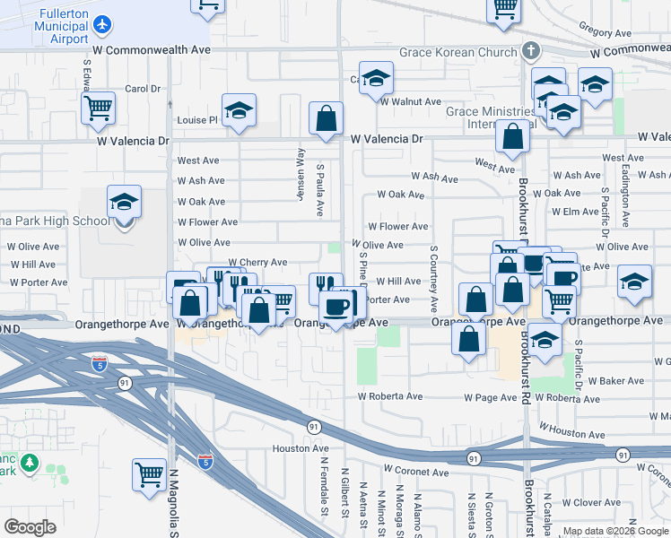 map of restaurants, bars, coffee shops, grocery stores, and more near 1001 South Gilbert Street in Fullerton