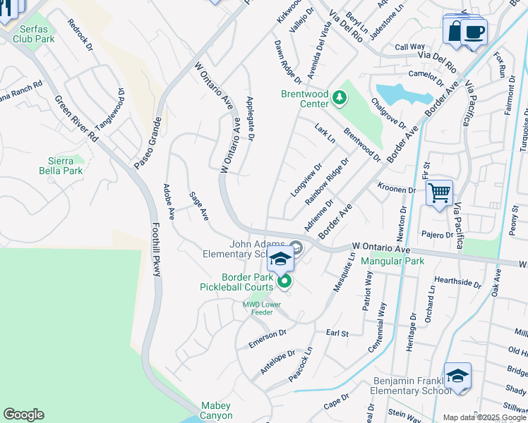 map of restaurants, bars, coffee shops, grocery stores, and more near 2288 Avenida Del Vista in Corona
