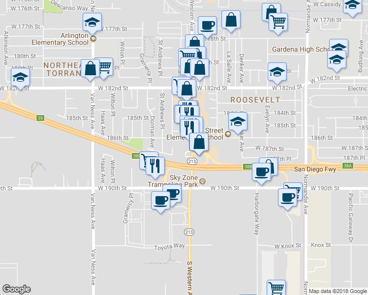 map of restaurants, bars, coffee shops, grocery stores, and more near 18655 South Western Avenue in Gardena