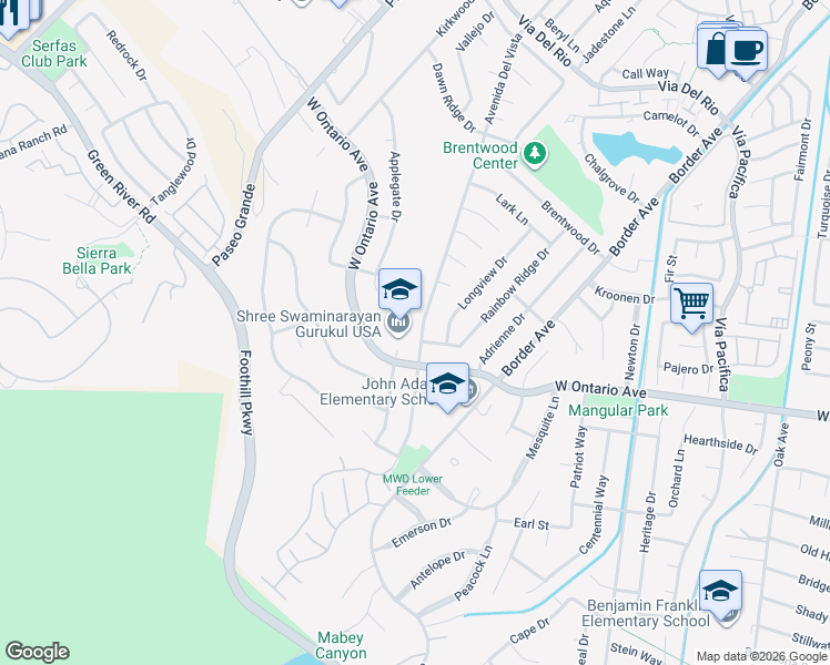 map of restaurants, bars, coffee shops, grocery stores, and more near 2288 Avenida Del Vista in Corona