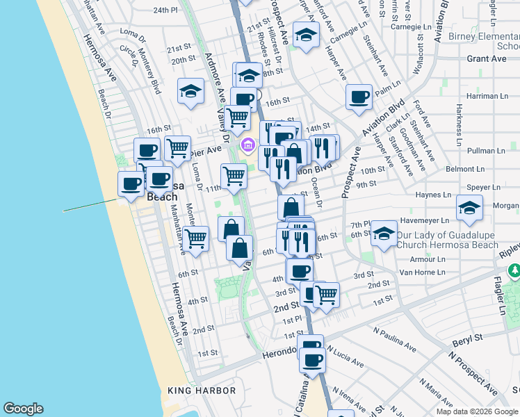 map of restaurants, bars, coffee shops, grocery stores, and more near 634 9th Street in Hermosa Beach
