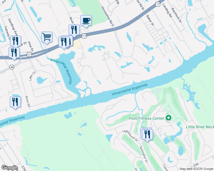 map of restaurants, bars, coffee shops, grocery stores, and more near 4628 Eastport Landing Drive in Little River