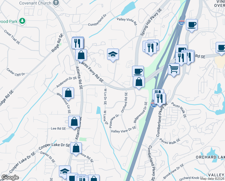 map of restaurants, bars, coffee shops, grocery stores, and more near 2288 Paces Ferry Road Southeast in Smyrna