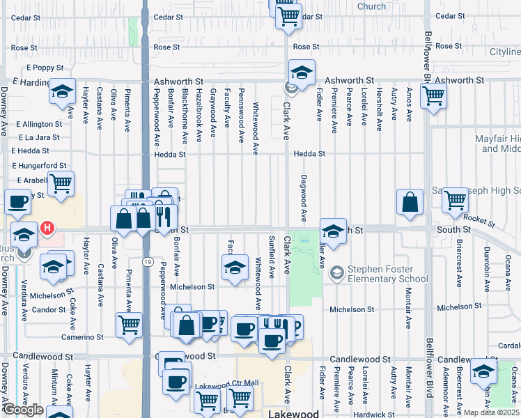 map of restaurants, bars, coffee shops, grocery stores, and more near 5828 Whitewood Avenue in Lakewood