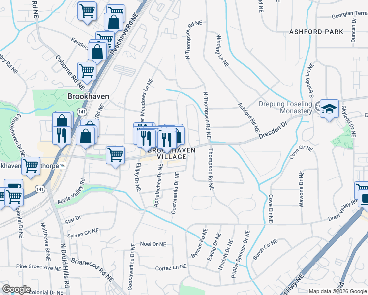 map of restaurants, bars, coffee shops, grocery stores, and more near 1475 Village Park Court Northeast in Atlanta