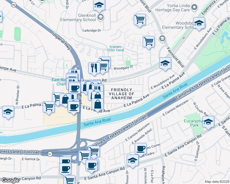 map of restaurants, bars, coffee shops, grocery stores, and more near 5815 East La Palma Avenue in Anaheim