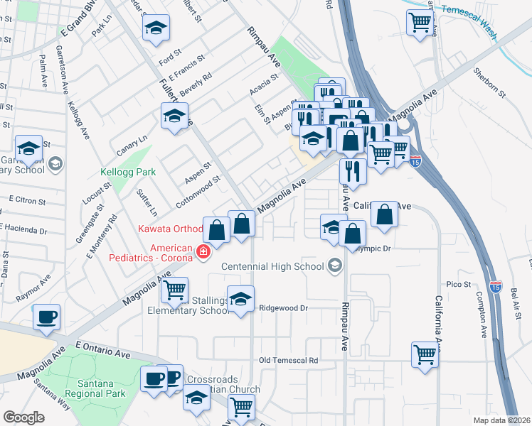 map of restaurants, bars, coffee shops, grocery stores, and more near 1761 Forum Way in Corona