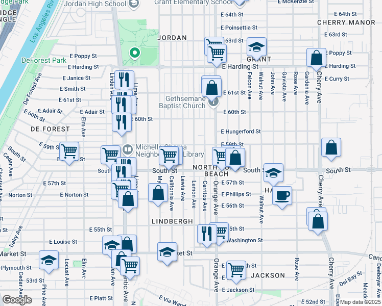 map of restaurants, bars, coffee shops, grocery stores, and more near 5850 Lemon Avenue in Long Beach