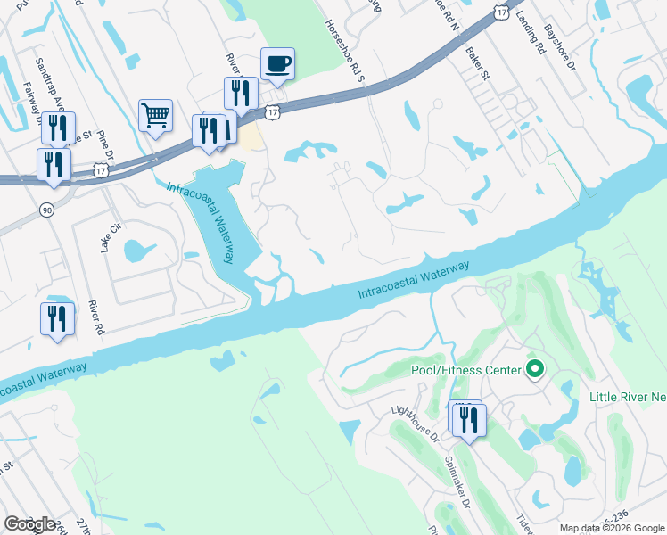 map of restaurants, bars, coffee shops, grocery stores, and more near 4628 Greenbriar Drive in Little River
