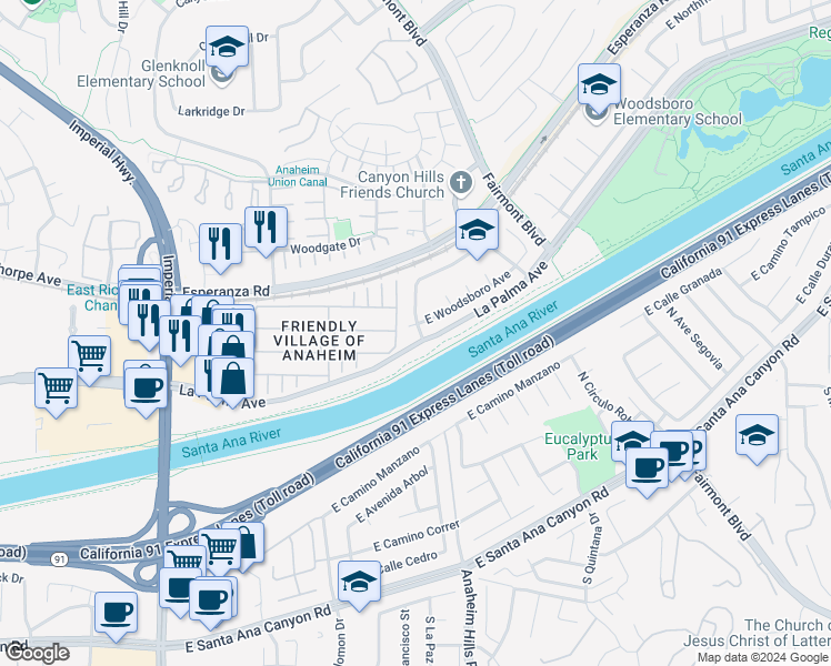 map of restaurants, bars, coffee shops, grocery stores, and more near 6198 East Woodsboro Avenue in Anaheim
