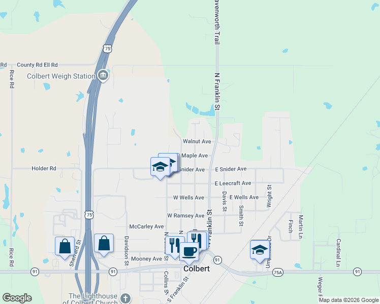 map of restaurants, bars, coffee shops, grocery stores, and more near 713 Burney Street in Colbert