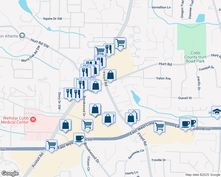 map of restaurants, bars, coffee shops, grocery stores, and more near 1355 Hesse Lane in Austell